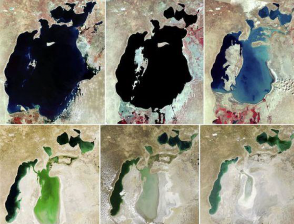 Zdjęcia kurczącego się Morza Aralskiego w latach 1989-2018. Sekwencja sześciu zdjęć satelitarnych pokazuje, jak Morze Aralskie z czasem dramatycznie się kurczy, a ciemnoniebieską wodę stopniowo zastępuje białe, wyschnięte dno morza.