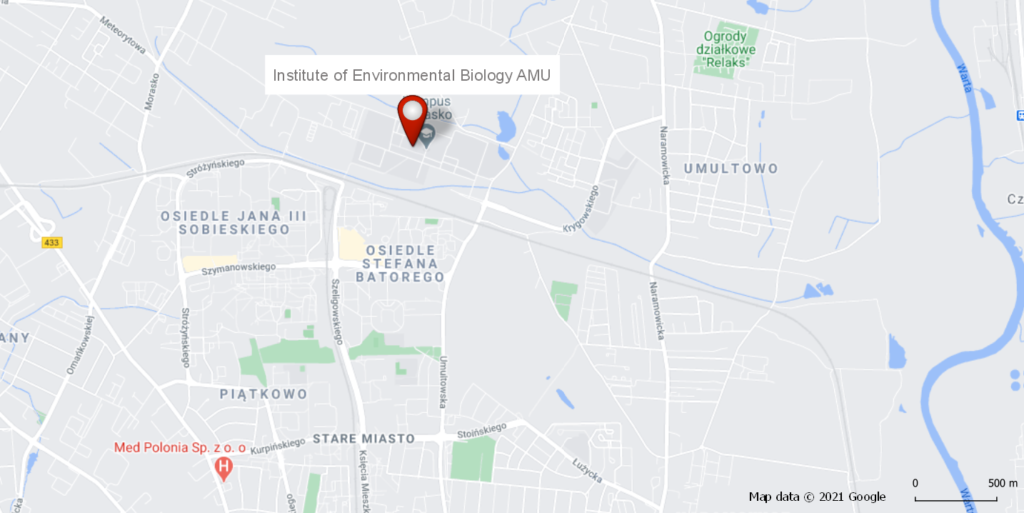 Mapa z zaznaczoną lokalizacją Instytutu Biologii Środowiska.