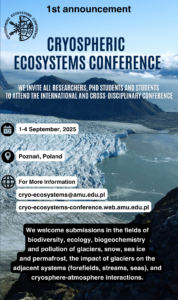Plakat konferencji “Cryospheric Ecosystems” Poznań wrzesień 2025. W tle lodowiec.