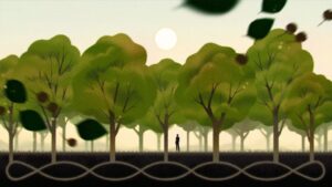 Mężczyzna spaceruje przez las otoczony wysokimi drzewami.